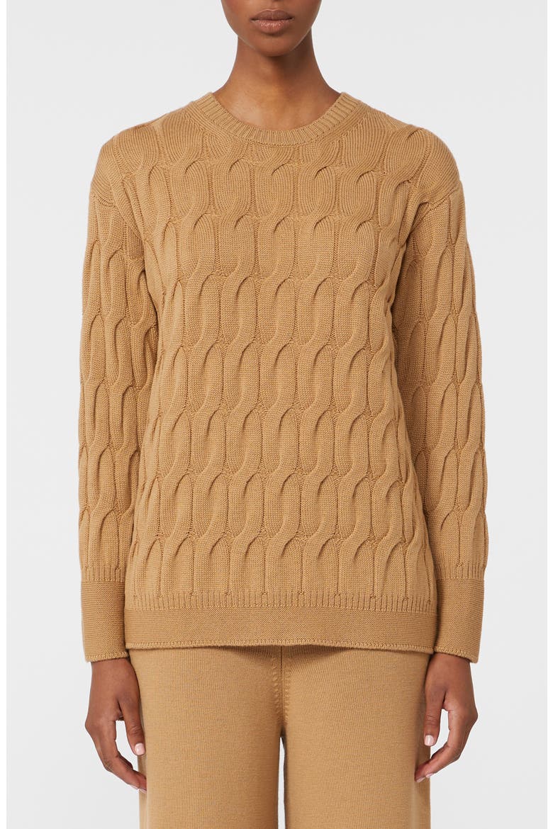 Quid Cable Stitch Virgin Wool Sweater, Main, color, CAMEL