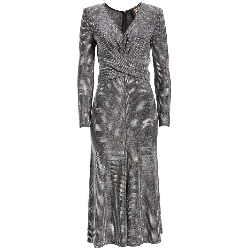 Milly Rhys Rhinetone Long Sleeve Midi Dress In Silver