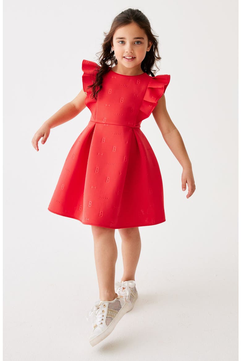 Kids' Ruffle Shoulder Scuba Dress, Alternate, color, RED