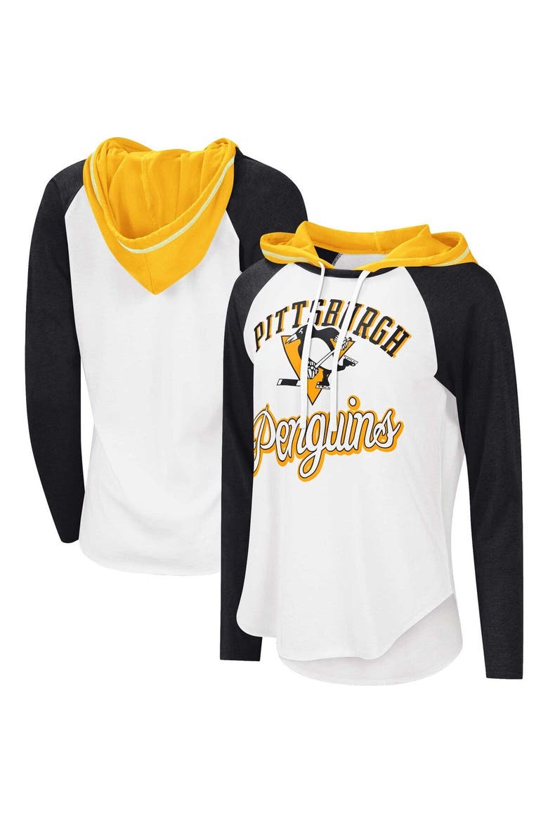 Women's G-III Sports by Carl Banks White/Heather Black Pittsburgh Penguins MVP Raglan Lightweight Hooded T-Shirt, Main, color, White