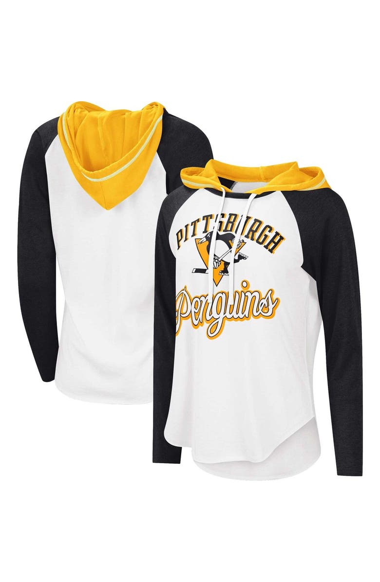 STARTER Women's G-III Sports by Carl Banks White/Heather Black Pittsburgh Penguins MVP Raglan Lightweight Hooded T-Shirt, Main, color, White