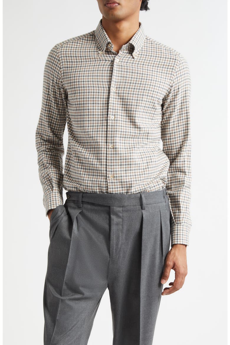 Check Button-Down Shirt, Main, color, BROWN/ GREEN
