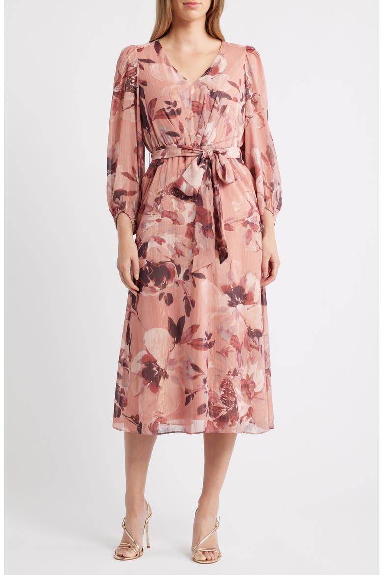 Metallic Stripe Floral Long Sleeve Midi Dress, Main, color, ROSE MIST MULTI