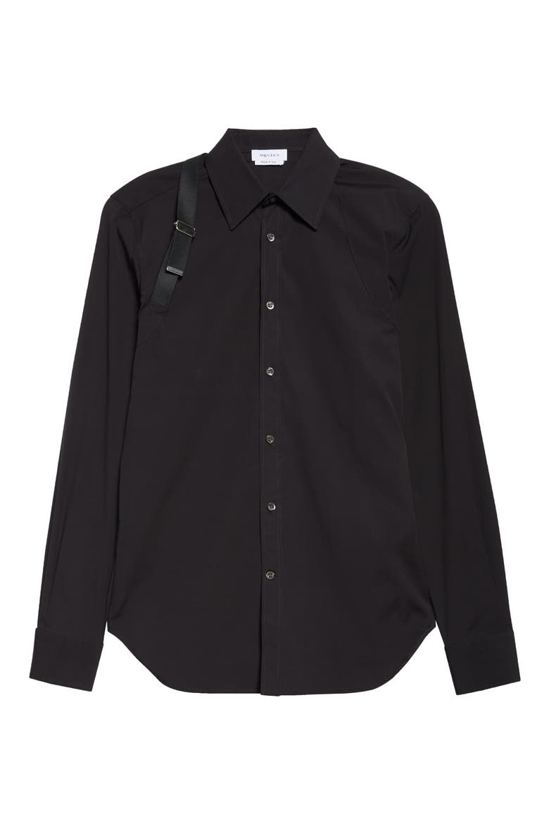 Logo Tape Harness Stretch Cotton Button-Up Shirt, Alternate, color, BLACK