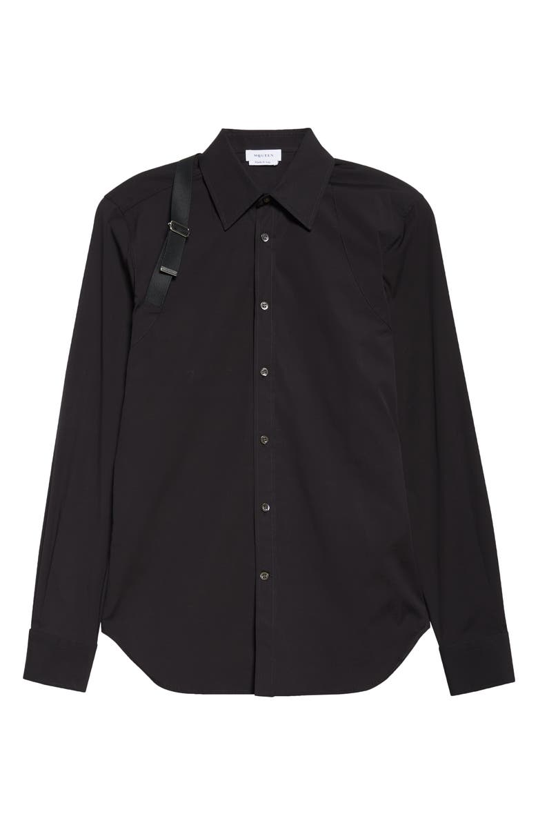 McQueen Logo Tape Harness Stretch Cotton Button-Up Shirt, Alternate, color, Black