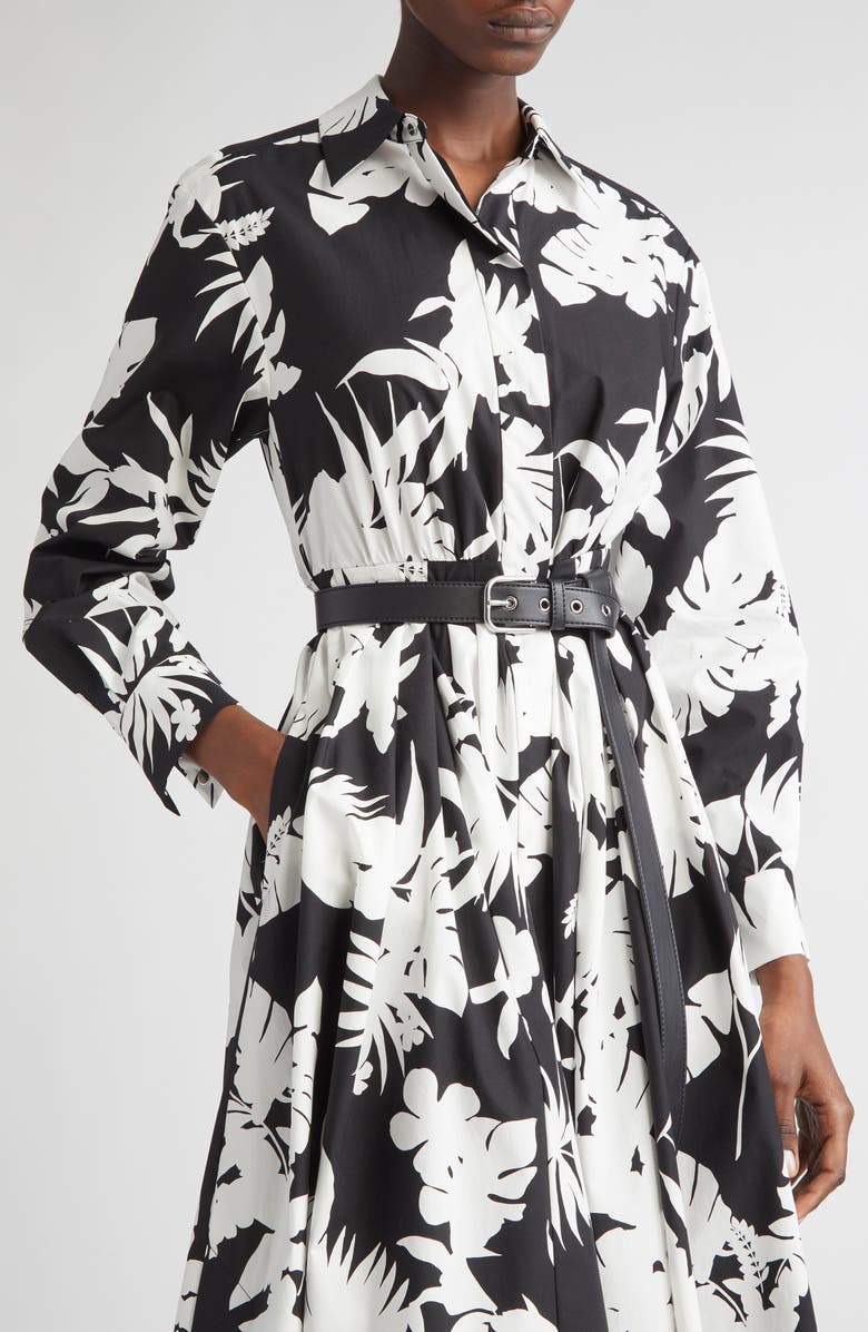 Max Mara Floral Silhouette Print Long Sleeve Cotton Poplin Midi Shirtdress, Alternate, color, Black
