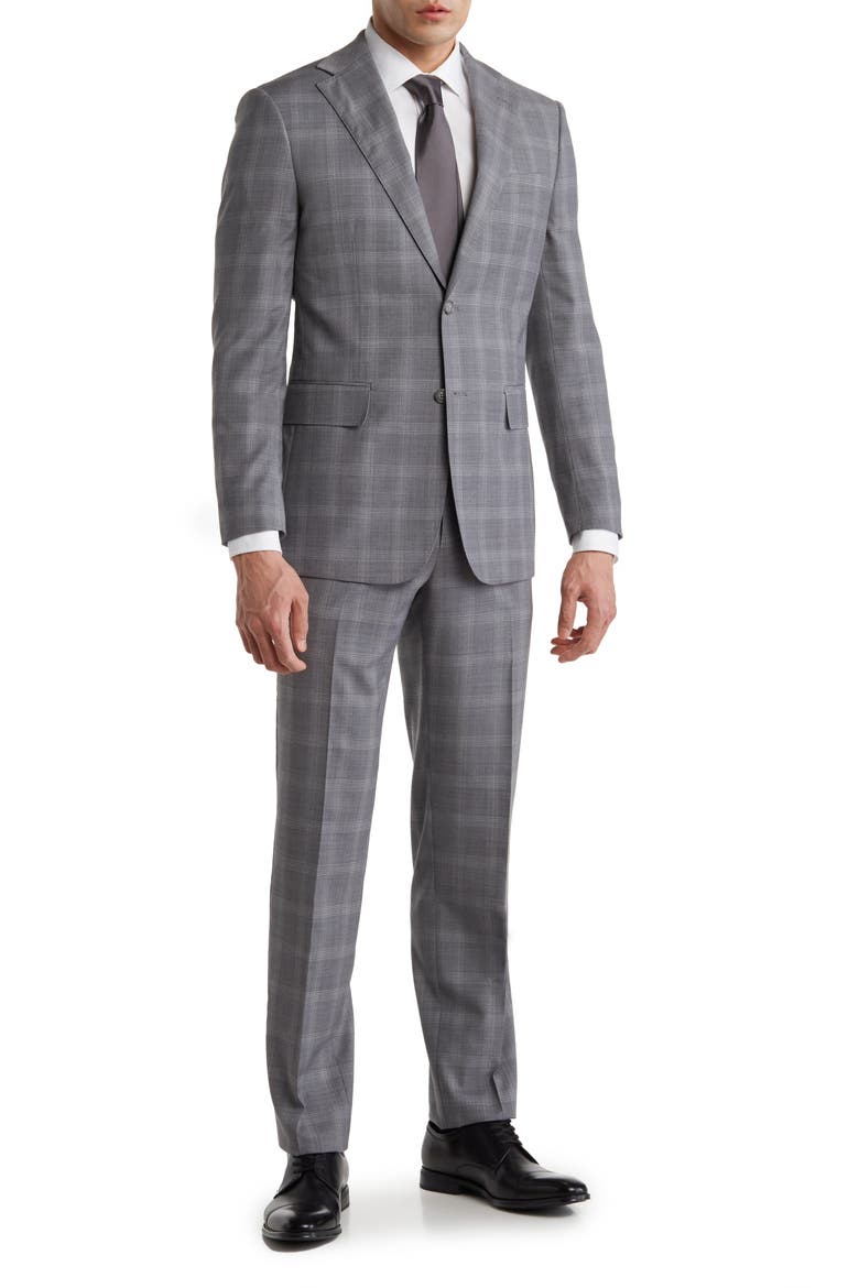 Plaid Two Button Peak Lapel Trim Fit Wool Blend Suit, Main, color, GRAY