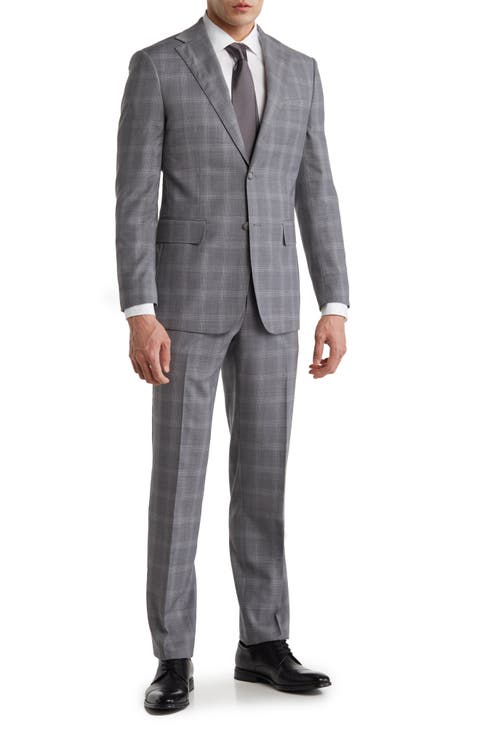 Plaid Two Button Peak Lapel Trim Fit Wool Blend Suit