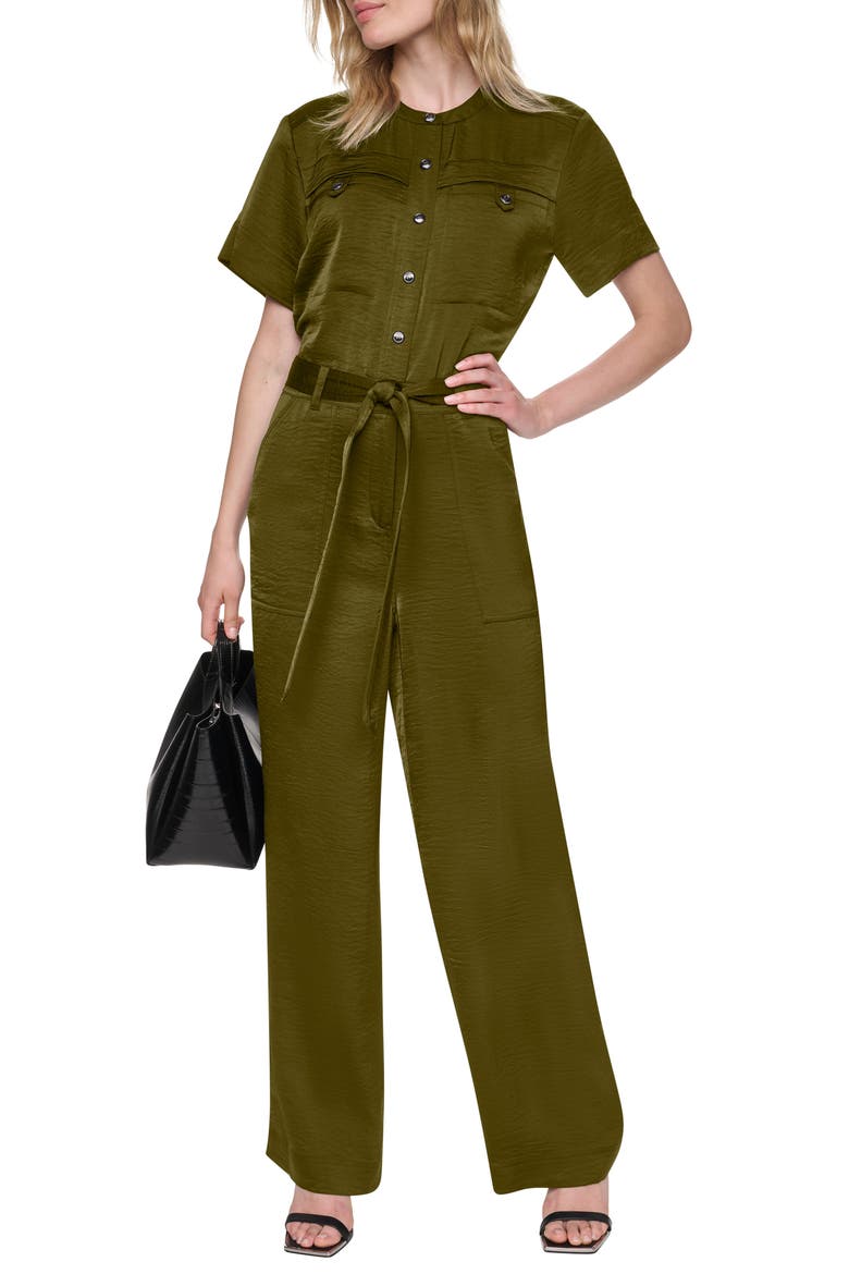Tie Waist Satin Utility Jumpsuit, Alternate, color, DARK OLIVE