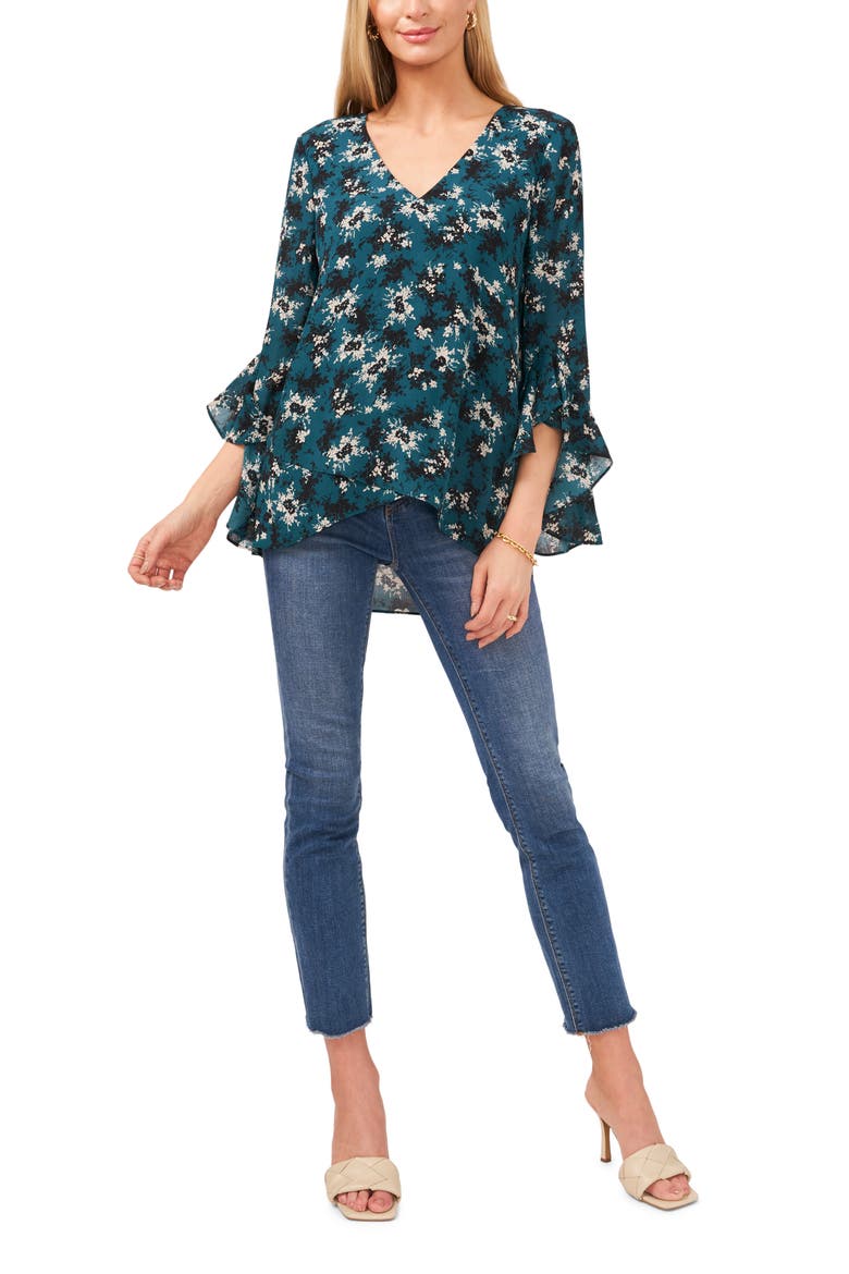Floral Ruffle Cuff Blouse, Alternate, color, RICH SPRUCE