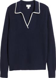 Caslon® Johnny Collar Cotton & Wool Sweater