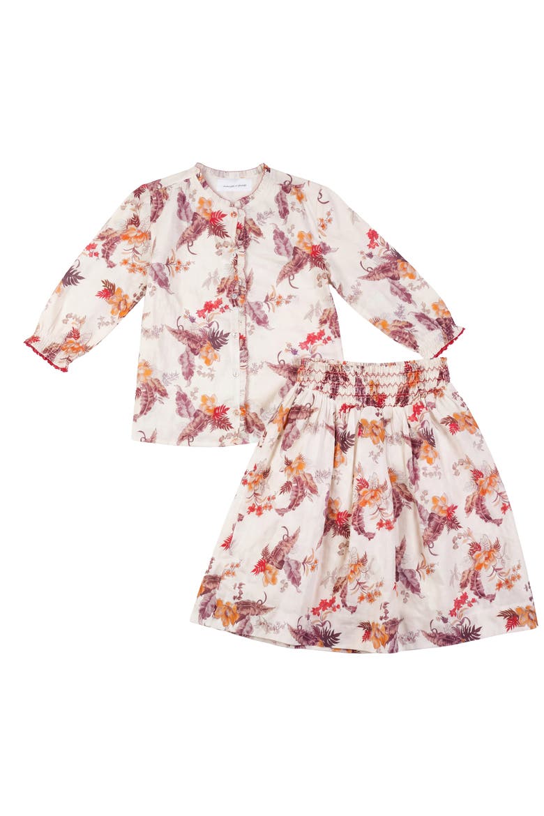 Floral Print Smocked Long Sleeve Woven Blouse and Skirt Set, Main, color, Rose