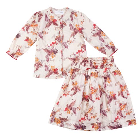 Floral Print Smocked Long Sleeve Woven Blouse and Skirt Set