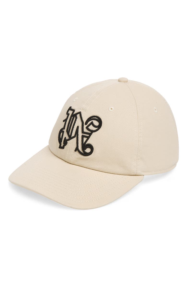 Palm Angels Logo Cotton Adjustable Snapback Cap, Main, color, Beige Black