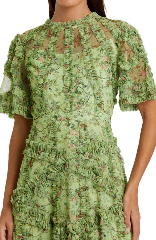 Mac Duggal Floral Flutter Sleeve Mesh Print Dress In Sage Multi