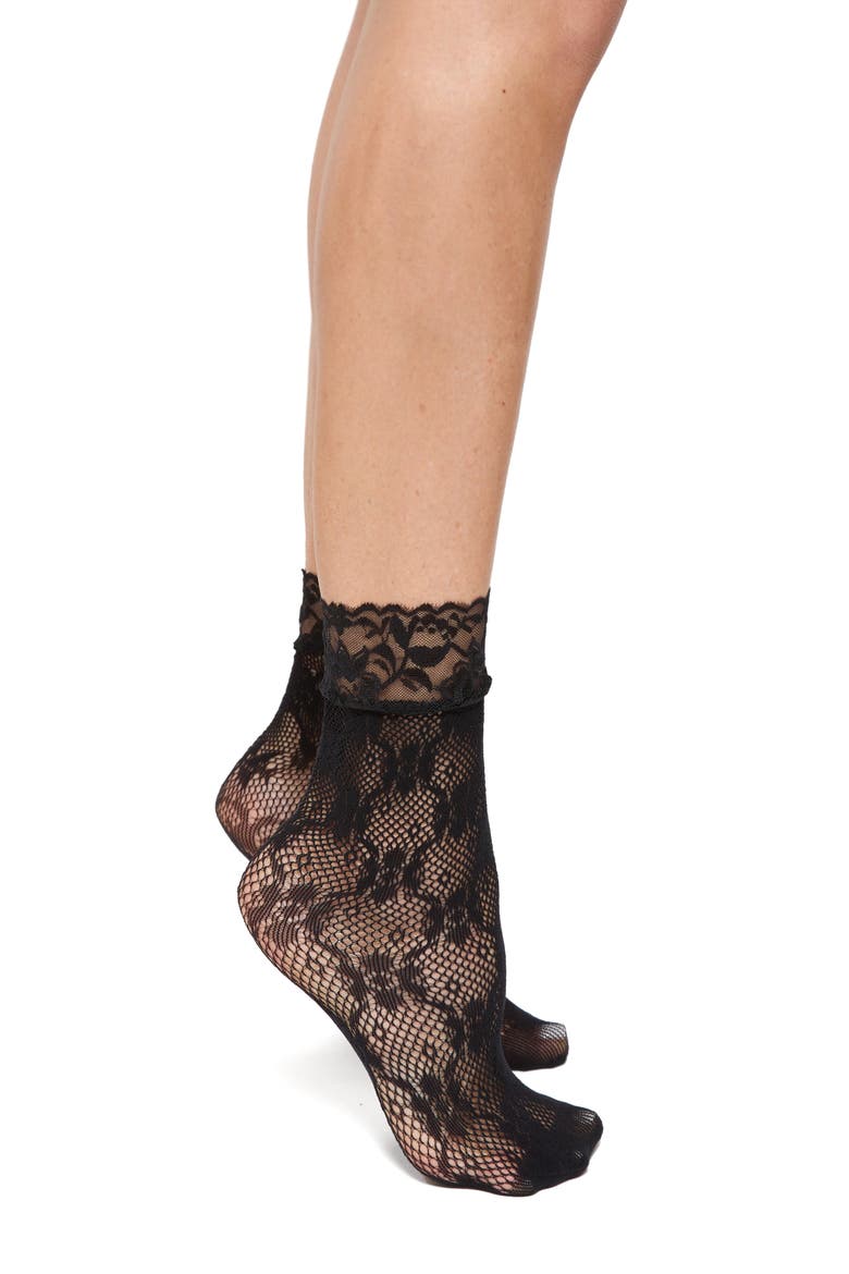 Trellis Fishnet Ankle Socks, Main, color, BLACK