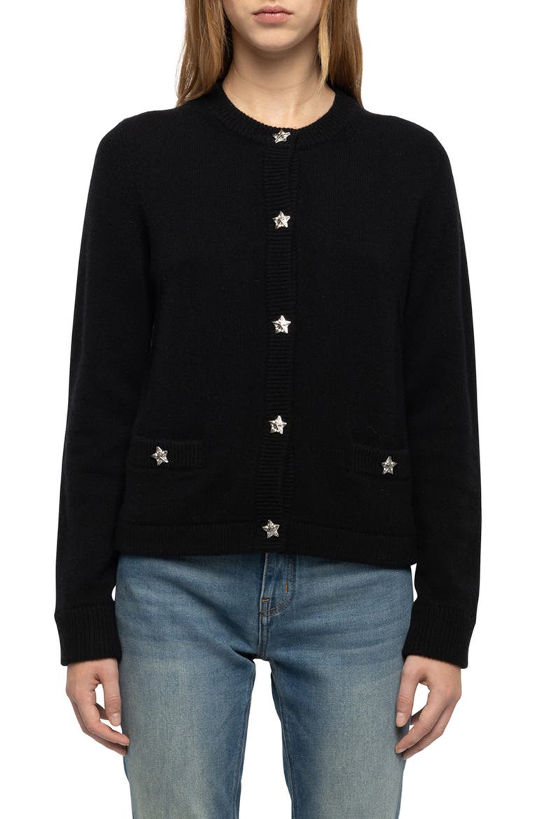 Marcya Crystal Star Button Cashmere Cardigan, Main, color, BLACK