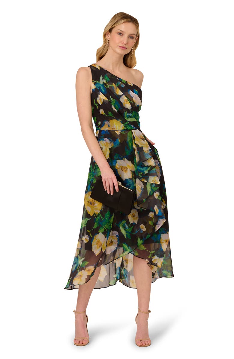 Adrianna Papell Floral One Shoulder Fit & Flare Dress, Alternate, color, Black Yellow Multi