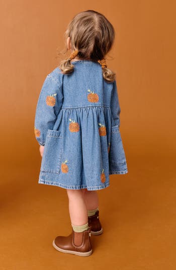 Kids' Pumpkin Embroidered Long Sleeve Denim Dress