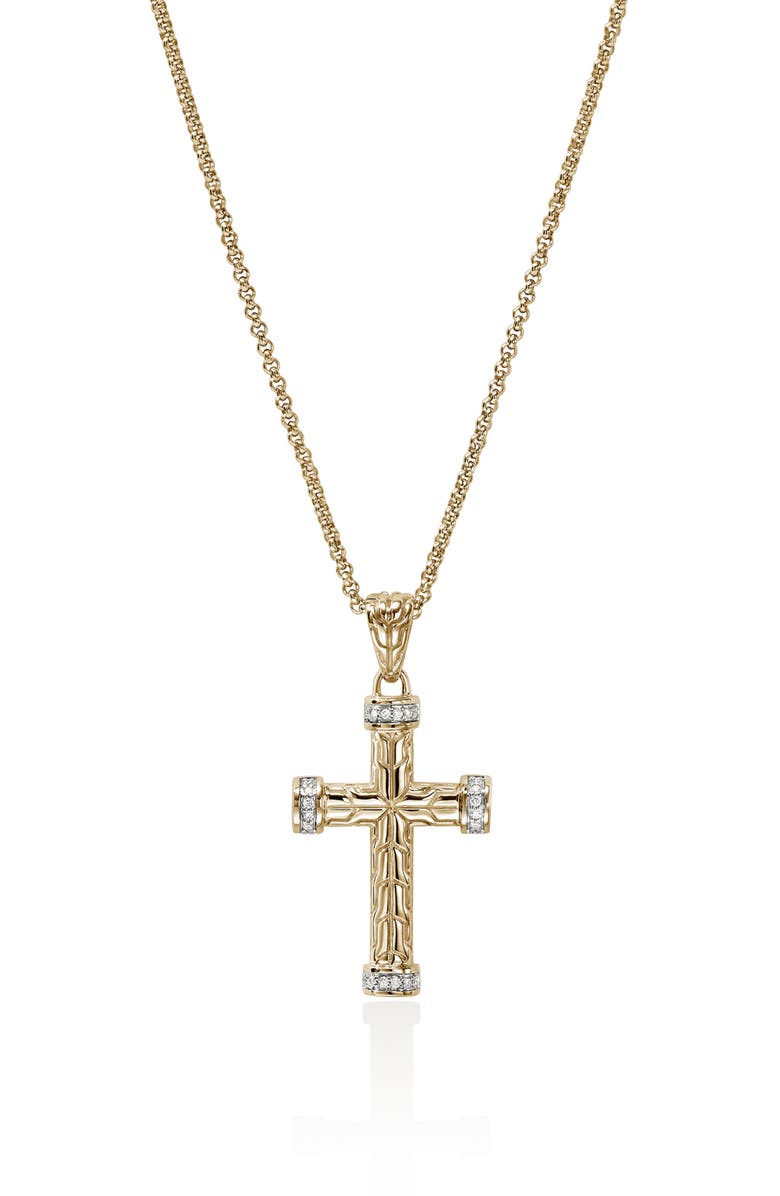 John Hardy Carved Chain Cross Pendant with Pavé Diamonds, Alternate, color, Gold