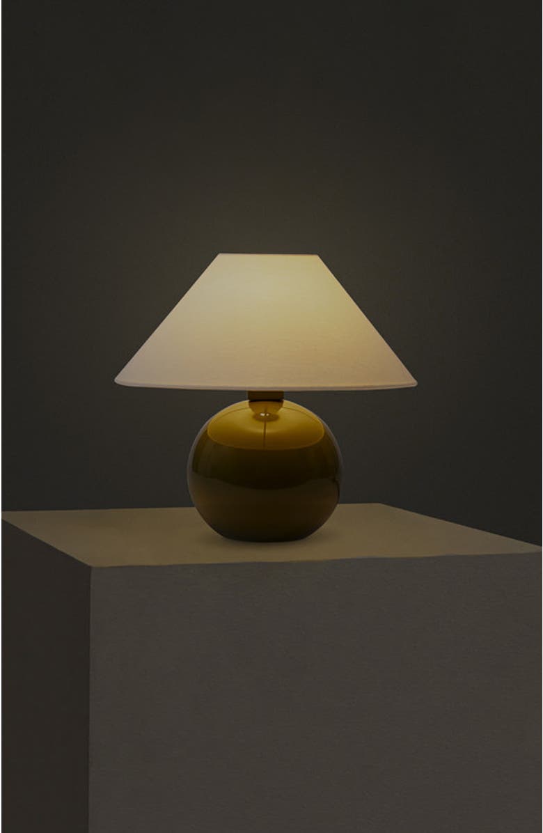 Brightech Fiona 11" Round Ceramic Coastal LED Bedside Table Lamp with Classic Empire Shade, Alternate, color, Olive Green