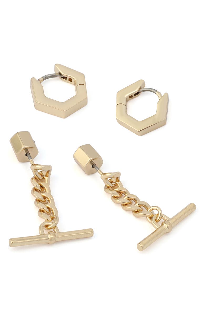 AllSaints Set of 2 Hoop and Drop Earrings, Alternate, color, Shiny Gold