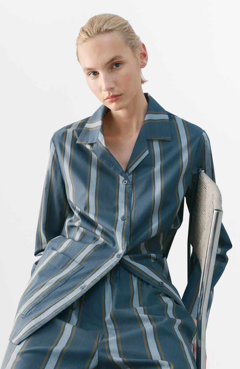 MANGO Stripe Cotton Button-Up Pajama Shirt, Alternate, color, Turquoise
