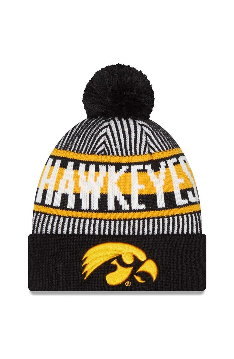 New Era Men's New Era  Black Iowa Hawkeyes Logo Striped Cuff Knit Hat with Pom, Main, color, Black