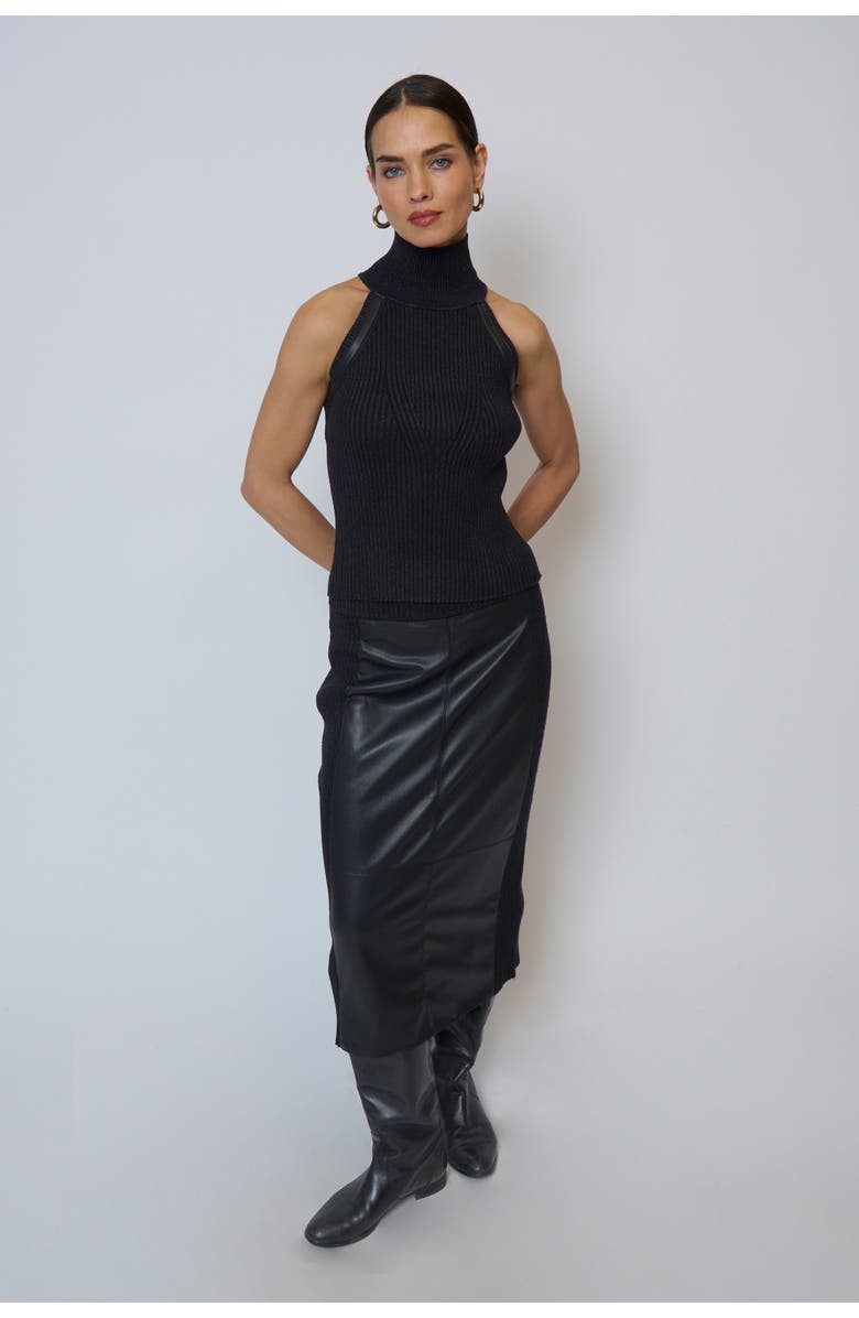 Central Park West Milan Faux Leather Accent Sleeveless T-Neck, Main, color, Black Combo