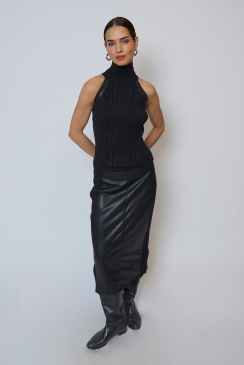 Milan Faux Leather Accent Sleeveless T-Neck