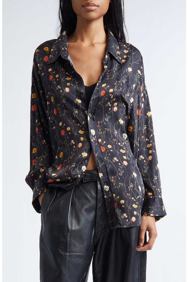 Drop Neck Floral Button-Up Shirt, Main, color, FLORAL ON BLACK
