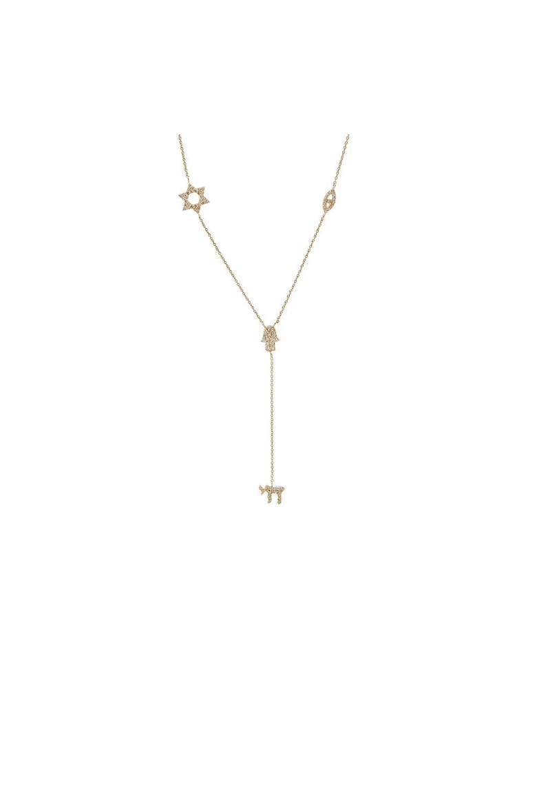 Diamond Pave Jewish Charms Drop Lariat 14K, Main, color, 14K Gold