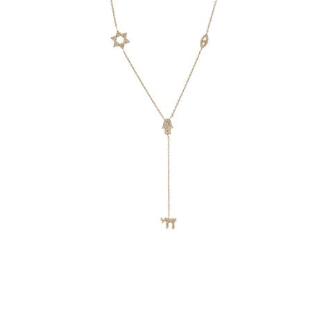 Diamond Pave Jewish Charms Drop Lariat 14K