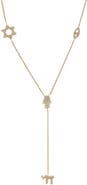 BY ADINA EDEN Diamond Pave Jewish Charms Drop Lariat 14K