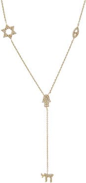 BY ADINA EDEN Diamond Pave Jewish Charms Drop Lariat 14K