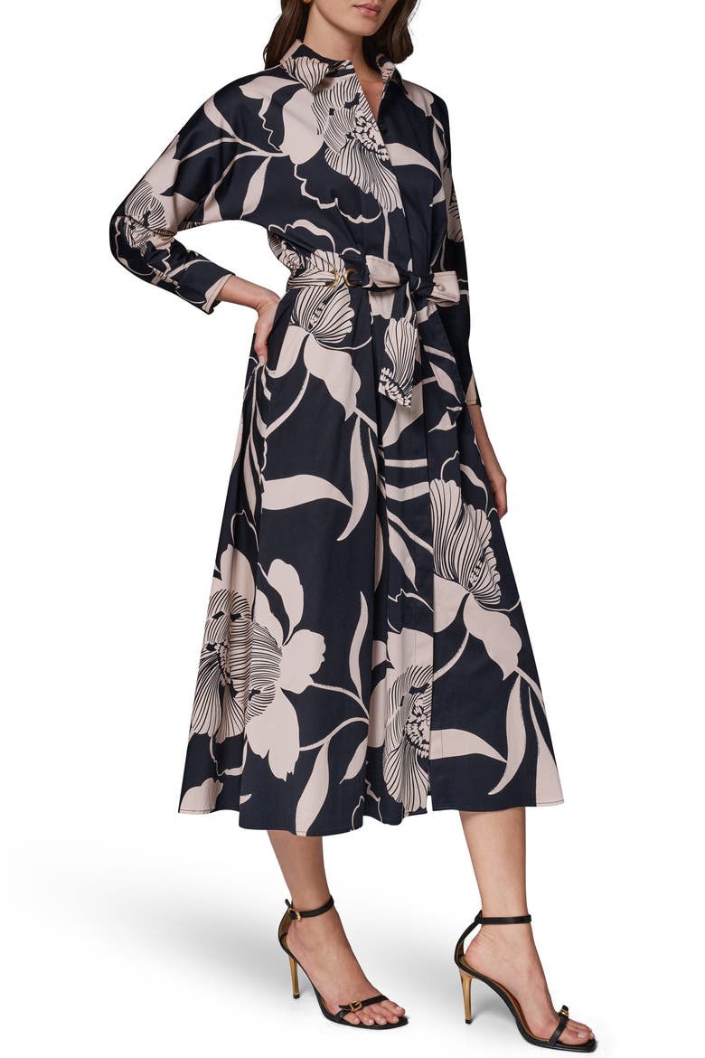 Floral Long Sleeve Fit & Flare Shirtdress, Alternate, color, BLACK/ OAT MULTI