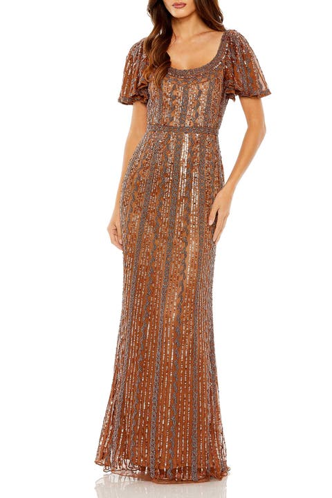 Scoop Neck Flutter Sleeve Embellished Gown