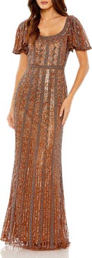 Mac Duggal Scoop Neck Flutter Sleeve Embellished Gown