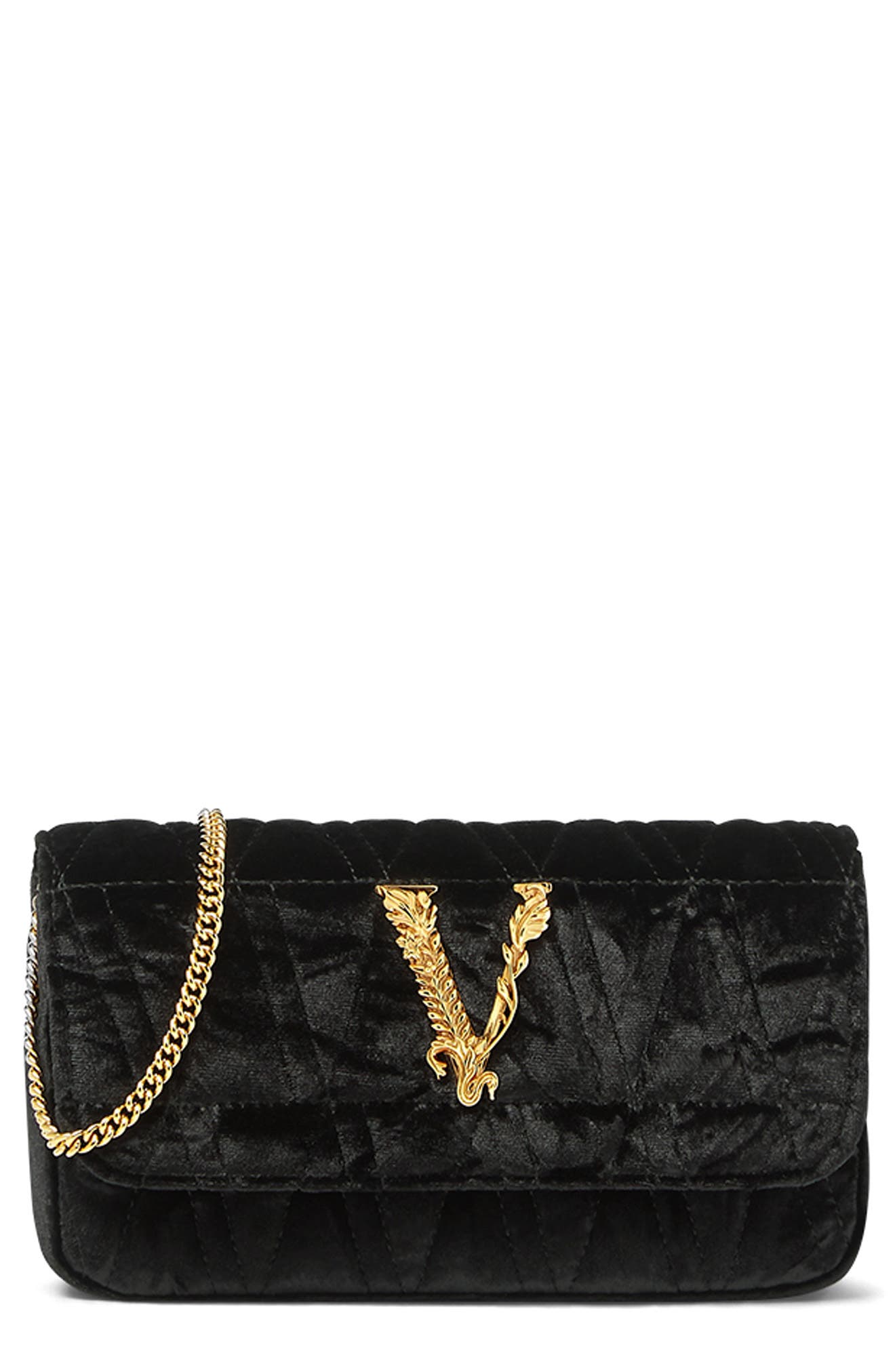 Versace Mini Virtus Quilted Velvet Evening Bag, Main, color, 