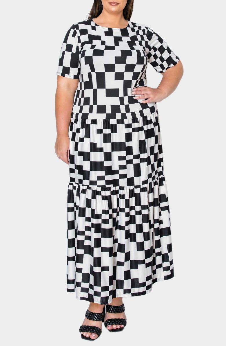 L I V D Artemesia Abstract Checkerboard Tiered Maxi Dress, Main, color, Black White