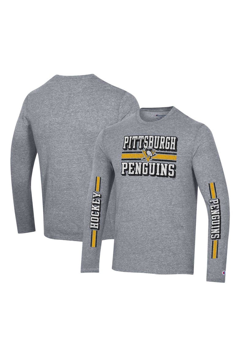 Men's Champion Heather Gray Pittsburgh Penguins Tri-Blend Dual-Stripe Long Sleeve T-Shirt, Main, color, Heather Gray