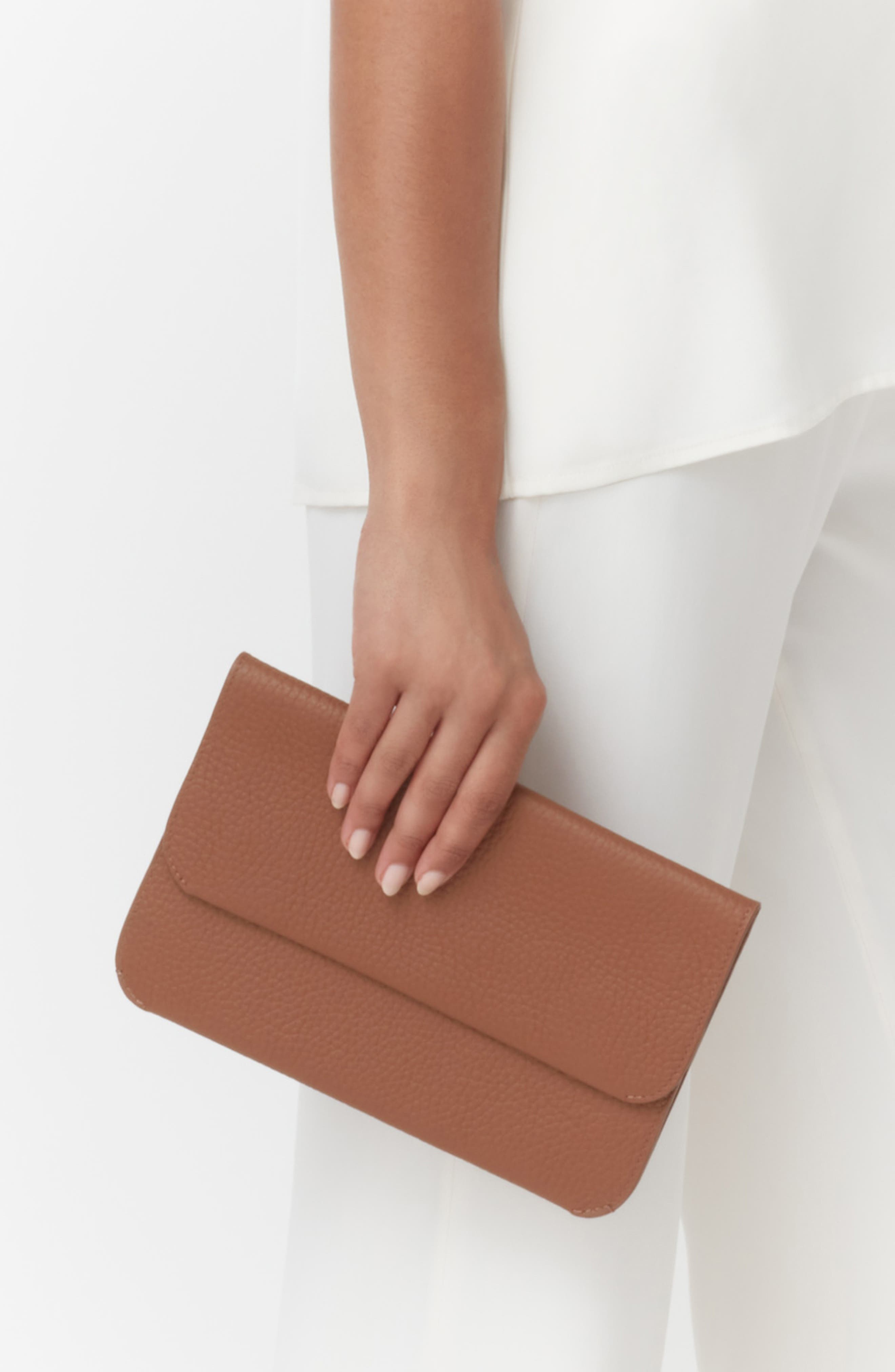 System Leather Clutch, Alternate, color, CARAMEL