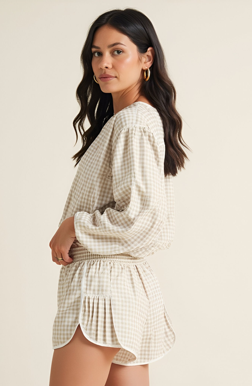 Modenaire Gingham Pleated Running Shorts In Neutral