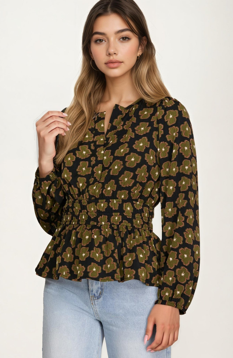 Knit and Lounge Floral Print Smocked Waist Blouse, Alternate, color, Black / Green Floral