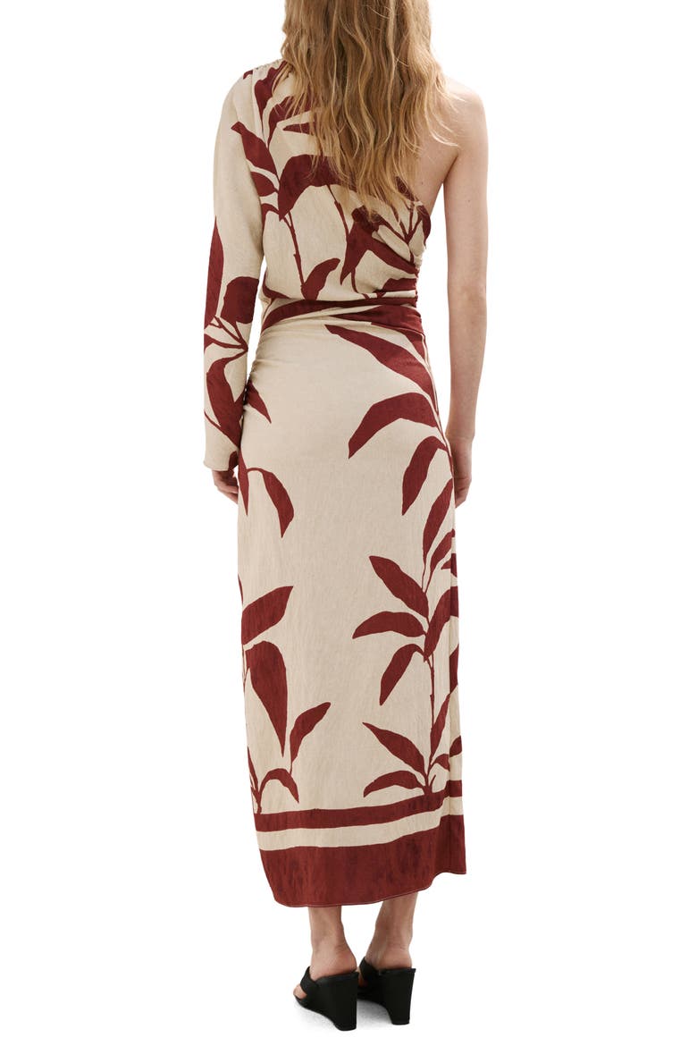 Leaf Print Ruched One Shoulder Midi Dress, Alternate, color, BEIGE