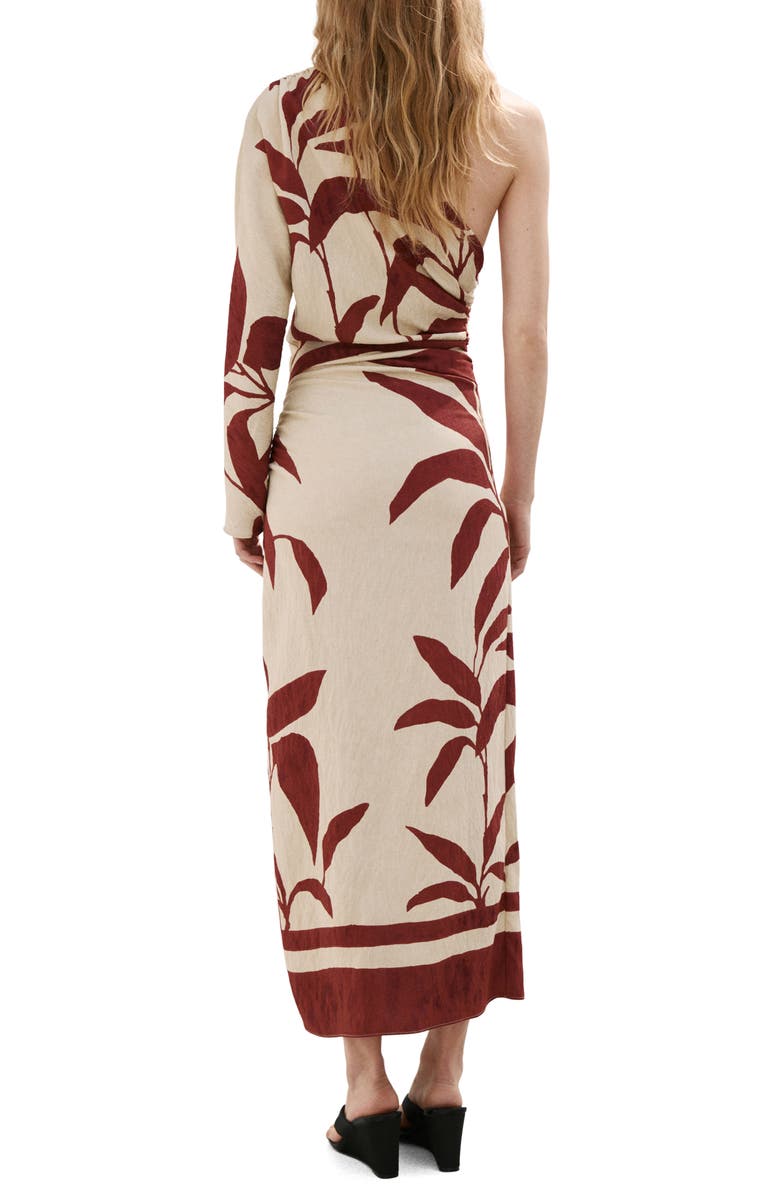 MANGO Leaf Print Ruched One Shoulder Midi Dress, Alternate, color, 