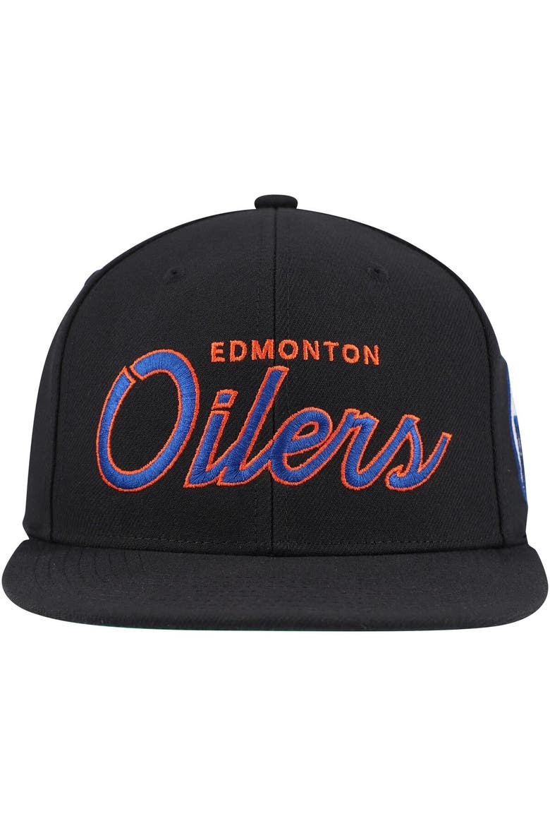 Men's Mitchell & Ness Black Edmonton Oilers Core Team Script 2.0 Snapback Hat, Alternate, color, Black