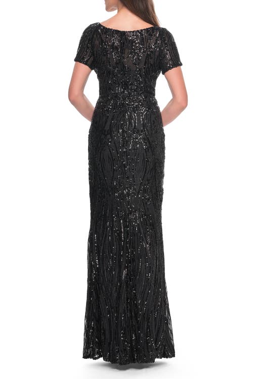 La Femme Short Sleeve Print Sequin Evening Dress In Black
