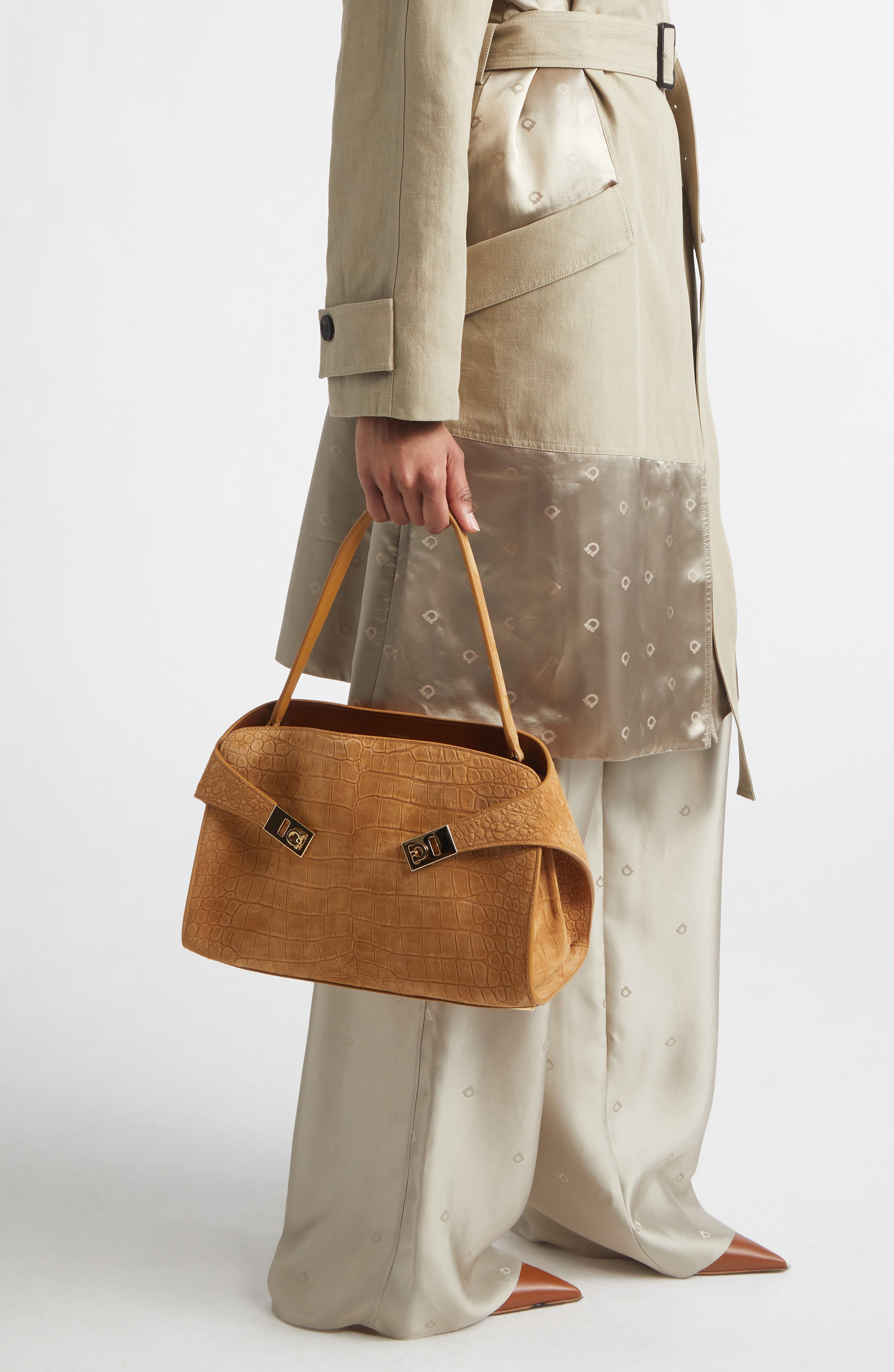 FERRAGAMO Hug Croc Embossed Suede Handbag, Alternate, color, Naturale