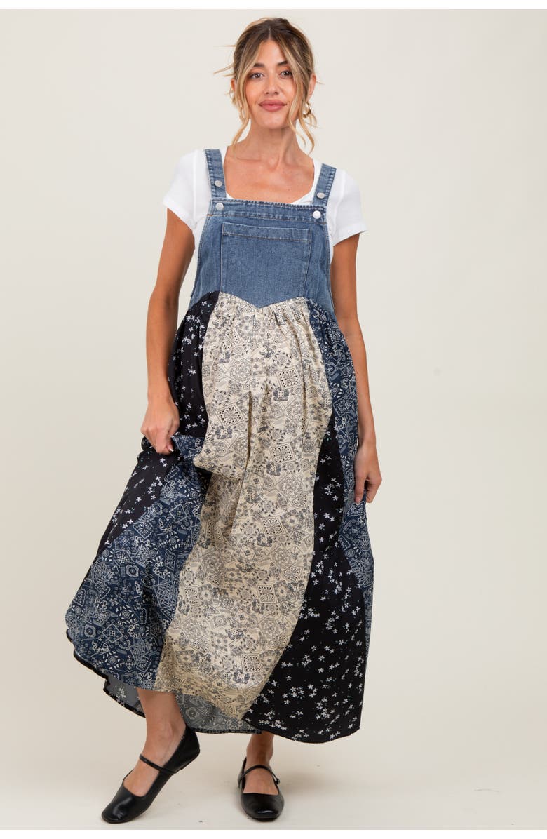 PinkBlush Floral Colorblock Print Denim Contrast Dress, Alternate, color, Blue